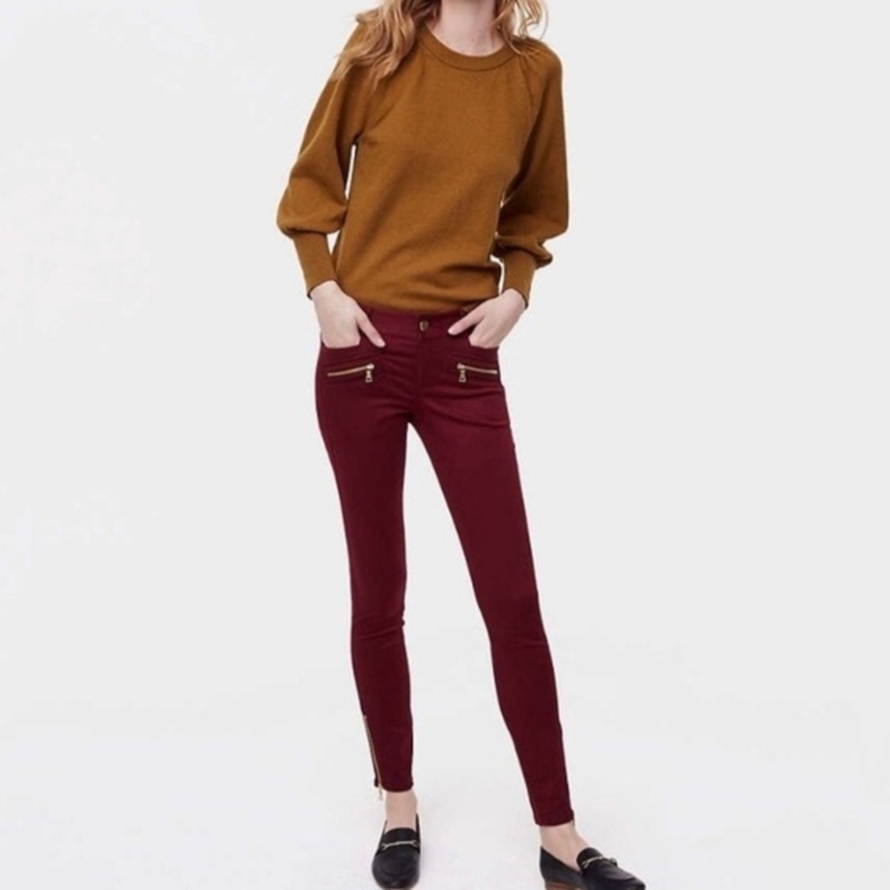 Loft Marisa Burgundy Zipper Ankle Skinny Pants Size 10
